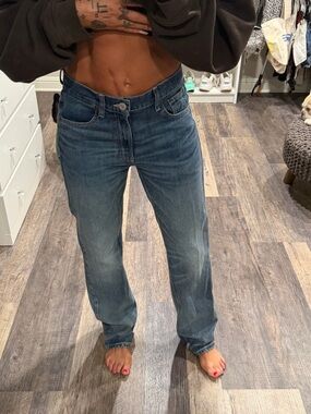 Zara straight leg dark washed distressed jeans size 4